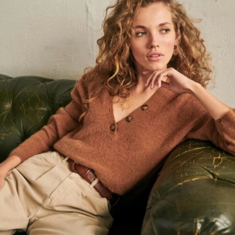 Sézane Camel Brown Willy Knit Woven Alpaca Jumper Sweater Pullover